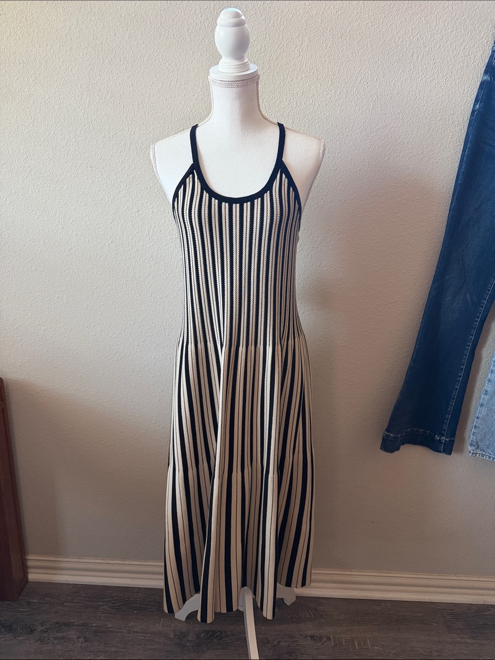 Striped Black and Cream Sleeveless Knit Flare Dress